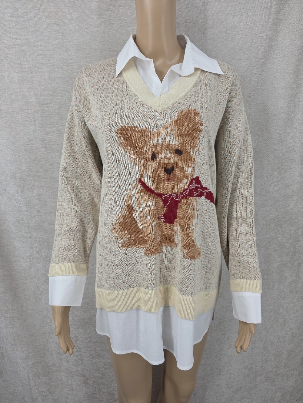 Jones NY Beige Knit Sweater with Puppy and Scarf Crisp White Collar Shirt Tail